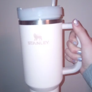 Rosa Stanley mugg med sugrör - Säljer en stor rosa Stanley mugg med handtag och sugrör. Perfekt för att hålla drycken kall eller varm länge. Muggen har en stilren design med lock och är lätt att ta med sig överallt.