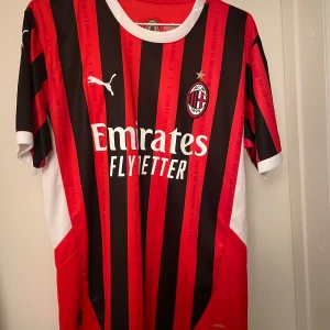 AC Milan matchtröja med tryck nummer 10 - Säljer en AC Milan fotbollströja från Puma med klassiska röda och svarta ränder, klubbmärke och sponsortryck på bröstet. Kortärmad modell med vita detaljer och tryck nummer 10 samt FMS på ryggen.