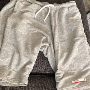 Grå Champion shorts med snörning XL - Snygga grå shorts från Champion i storlek XL. De är tillverkade i mjuk bomullsmix och har elastisk midja med vit snörning för skön passform. Klassisk Champion-logga på benet och enkel, stilren design som passar perfekt till chill eller träning.