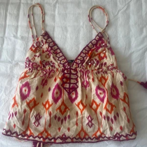 Linne Zara - Superfin topp från Zara med smala axelband. Toppen har v-ringning och paljettdetaljer, superfin till sommaren🫶 Den är insydd i bysten för att passa mindre bröst, men det är lätt att sprätta upp.