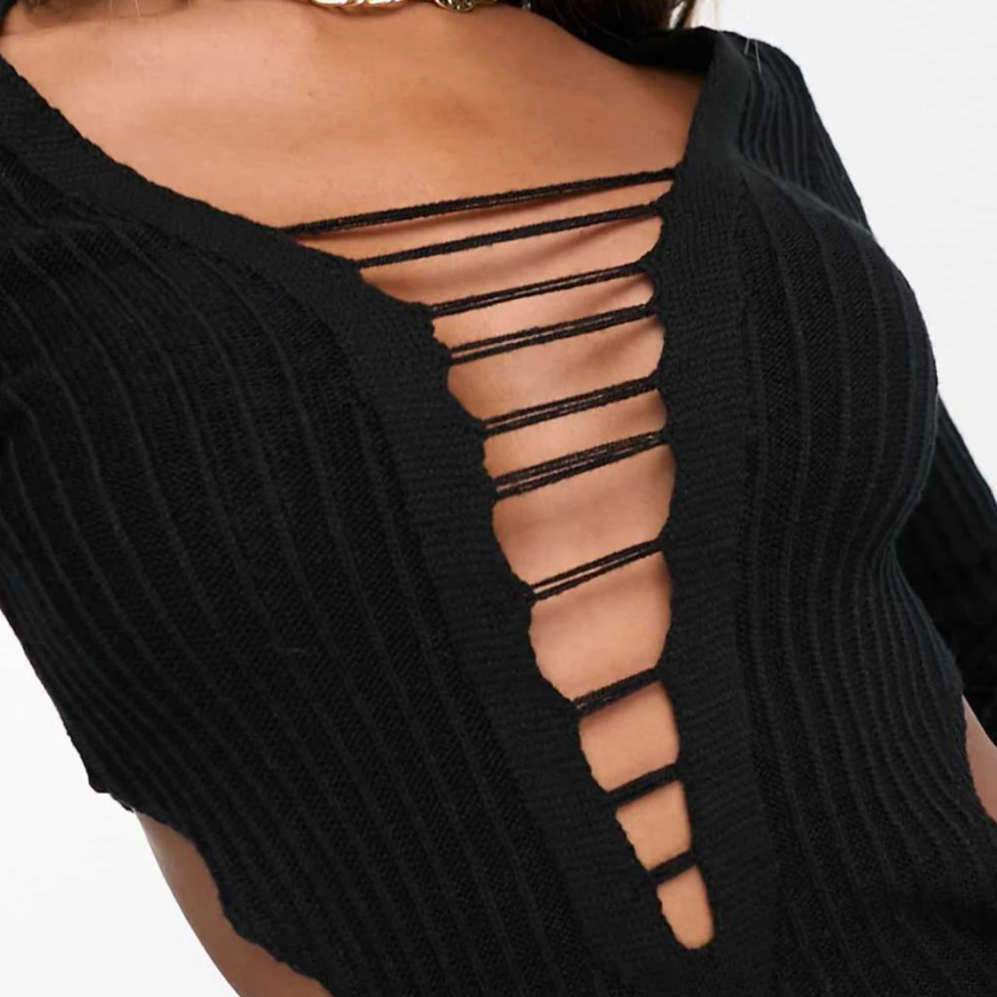 Svart ribbad jumpsuit med snörning - 1