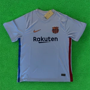Barcelona Nike fotbollströja ljusblå - Snygg ljusblå FC Barcelona fotbollströja från Nike med klubbmärke och Rakuten-tryck på bröstet. Tröjan har korta ärmar, V-ringning och detaljer i blått och rött på sidorna. Materialet är lätt och andas, perfekt för match eller träning.