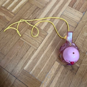 Visselpipa  - Bilderna visar en rosa visselpipa formad som en fågel med blommiga dekorationer och ett gult snöre. Produkten är lekfull och färgglad, perfekt för dig som gillar musik eller vill ha ett roligt tillbehör till festival, konsert eller häng med vänner. Ingen bok syns på bilderna.