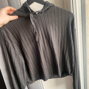 Svart ribbad hoodie från SHEIN - Säljer en svart ribbad hoodie från SHEIN i storlek Petite L. Tröjan är croppad med långa ärmar, huva och snörning framtill. Tillverkad i mjuk polyesterblandning som är skön mot huden. Perfekt för en chill och avslappnad stil.