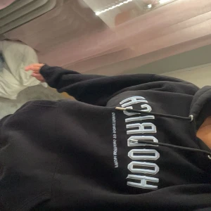 Svart HOODRICH hoodie - Svart hoodie från HOODRICH med stor broderad logga i vitt och ljusblått på bröstet samt tryck på huvan. Klassisk modell med huva, snörning och långa ärmar. Perfekt för dig som gillar streetwear vibes. Det är storlek m men passar för s också 