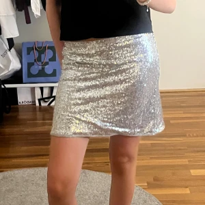 Glittrig festkjol Gina Tricot - Supersnygg kortkjol från Gina Tricot young i silver med massor av paljetter som glittrar. Kjolen har en rak passform och är perfekt när du vill sticka ut. Elastisk midja för skön passform. Perfekt för dig som älskar att glänsa! Knappt använd.