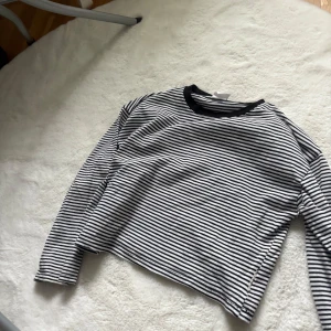 Randig svartvit långärmad tröja - Säljer en svartvit randig långärmad tröja med rund halsringning och svarta detaljer vid kragen. Tröjan har en klassisk, avslappnad passform och är perfekt för en chill och stilren look. Passar lika bra till jeans som till kjol.