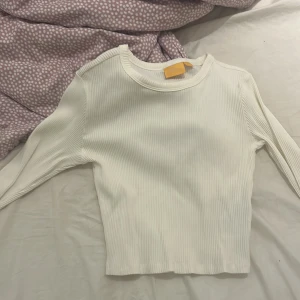 Vit ribbad långärmad tröja Gina Tricot - Säljer en vit ribbad långärmad tröja från Gina Tricot. Tröjan har en tight passform och är tillverkad i ett mjukt, stretchigt material. Perfekt att styla med jeans eller kjol för en clean och fräsch look.