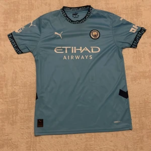 Manchester City De Bruyne tröja Puma - Manchester City matchtröja från Puma med De Bruyne och nummer 17 på ryggen. Tröjan är ljusblå med vita detaljer, klubbmärke på bröstet och Etihad Airways som sponsor. Tillverkad i lätt funktionsmaterial med korta ärmar och autentiska detaljer.
