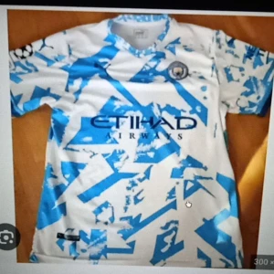 Vit och blå fotbollströja - Säljer en cool vit och blå fotbollströja med ett unikt mönster. Tröjan har korta ärmar och en rund halsringning. Perfekt för fotbollsfans som vill sticka ut på planen eller läktaren!