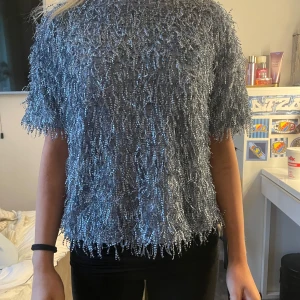 Glittrig silver topp med fransar - Säljer en glittrig silver topp med korta ärmar och massor av fransar som ger ett coolt och festligt intryck. Perfekt för dig som vill sticka ut och glänsa lite extra. Kan mötas upp i Stholm❤️