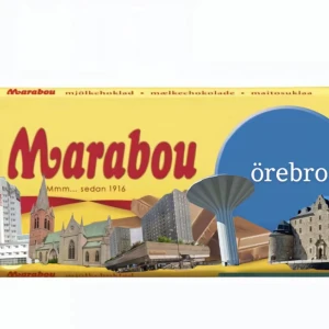 Marabou mjölkchoklad Örebro edition - En klassisk Marabou mjölkchokladkaka med specialdesign för Örebro. Omslaget har motiv av kända byggnader från Örebro, bland annat vattentornet Svampen och Örebro slott. Perfekt för chokladälskare som vill ha något unikt.