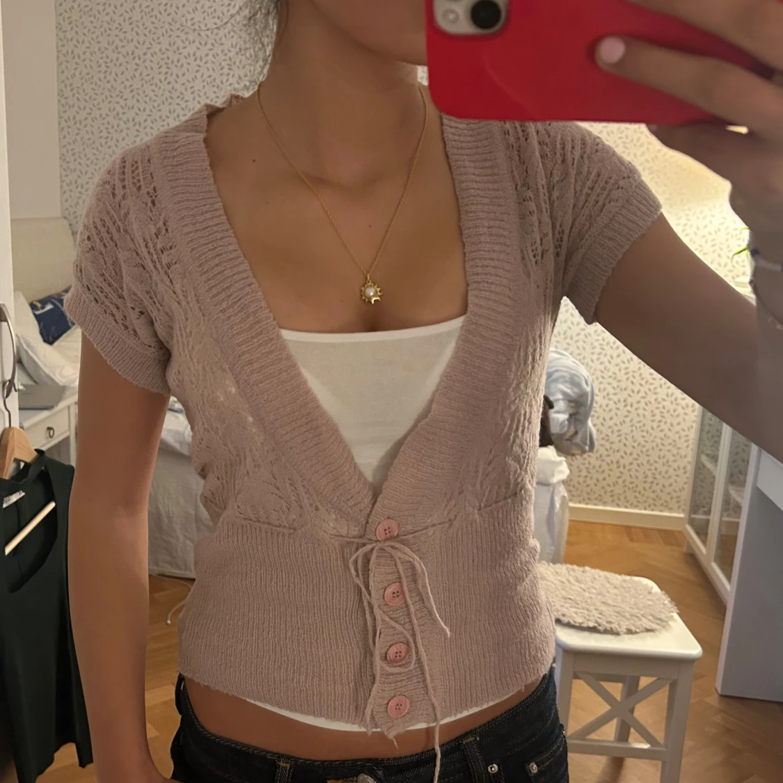 Rosa kortärmad kofta med knytning - 2