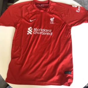 Liverpool FC Salah #11 Nike matchtröja - Röd Liverpool FC fotbollströja ,  Nike med tryck av M. Salah och nummer 11 på ryggen. Tröjan har korta ärmar, rund hals och vita loggor samt sponsortryck på bröstet. Materialet är lätt och andas, perfekt för träning eller match.