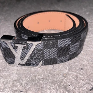 Louis Vuitton rutig skärp med LV-spänne - Snyggt Louis Vuitton-bälte i svart och grått med klassiskt rutigt Damier-mönster. Stort LV-spänne i silverfärgad metall och insida i ljusbrunt skinn. Perfekt accessoar för att lyfta din outfit med exklusiv känsla.