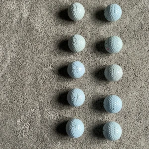 PRO V1 Golfbollar - Bilderna visar tio vita golfbollar av märket Titleist, modell Pro V1. Bollarna är placerade på en grå matta och ser ut att vara i gott skick. Perfekt för dig som vill förbättra ditt golfspel eller behöver extra bollar till träningen.