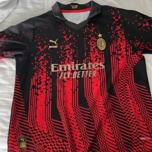 AC Milan Ibrahimović matchtröja Puma - Säljer en AC Milan fotbollströja från Puma med Ibrahimović och nummer 11 på ryggen. Tröjan är svart och röd med digitalt mönster, klubbmärke och sponsorer på bröstet. Perfekt för fans som vill sticka ut på läktaren.