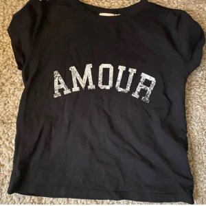 Svart t-shirt med text - Svart t-shirt med ”AMOUR” tryck på från Gina tricot i strl 158/164. Säljer då den inte kommer till användning. Använd några få gånger