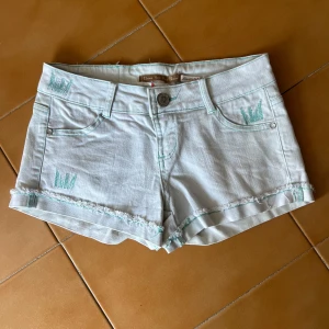 Ljusblå jeansshorts med turkosa detaljer - Snygga ljusblå jeansshorts med turkosa sömmar och broderade detaljer. Modellen är lågmidjad med fransig kant nertill och klassiska fickor både fram och bak. Perfekta till sommaren! Priset kan diskuteras💗