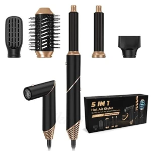 5-i-1 Hot Air Styler svart/guld - Multifunktionell stylingverktyg i svart och guld med fem utbytbara tillbehör: rundborste, två locktillbehör, fönmunstycke och plattborste. Perfekt för att skapa volym, lockar eller släta längder. Snygg design med detaljer i guld🙌🏼LÅNADE BILDER, skriv så skickar jag super gärna egna bilder!! Den är i nyskick och endast fönmumstycket som jag använt fåtal gånger! Säljer pågrund av dubbletter🩷