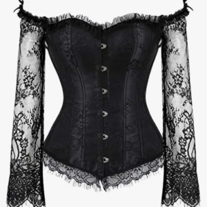 Svart korsettopp med spets och snörning - Ny pris: 348kr den blir tajt när man spänner den Supersnygg svart korsettopp med offshoulder och transparenta spetsärmar. Framsidan har snörning och baksidan har knäppning. Toppen har volangkant upptill och fina rosettdetaljer. Perfekt för dig som vill sticka ut med en edgy och romantisk vibe.