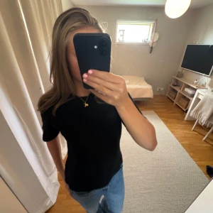 Svart basic t-shirt i bomull - En svart, enkel t-shirt med rund hals och korta ärmar. Modellen är klassisk och har en normal passform som sitter snyggt mot kroppen. Materialet ser ut att vara mjuk bomull, perfekt till jeans eller shorts. Inga synliga detaljer eller mönster.