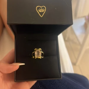 Guldig ring med vampyrtänder från Maria Nilsdotter - Unik guldig ring från Maria Nilsdotter med coolt vampyrtandsmotiv och en rosa sten i mitten. Ringen har en edgy design som verkligen sticker ut och passar perfekt för dig som vill ha något annorlunda.