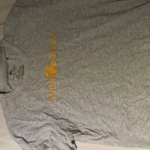 Grå Burberry t-shirt  - Snygg grå t-shirt från Burberry med gul broderad logga och riddare på bröstet. Klassisk rund hals och korta ärmar. Tillverkad i mjuk bomull som känns skön mot huden. Perfekt för dig som gillar stilrena märkesplagg med cool detalj. Bra skick, pris kan diskuteras! Passar som M