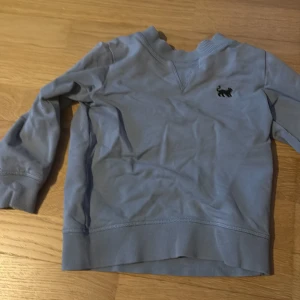 Blå sweatshirt med broderad katt - En basic blå sweatshirt med lång ärm och ribbade muddar. På bröstet finns en liten broderad svart katt som detalj. Tröjan är gjord i mjuk bomull och har en klassisk passform med rund halsringning.(sönder i armen går att sy) 