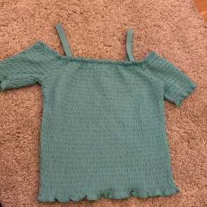 Turkos smockad topp med volangkant från H&M - Säljer en turkos smockad topp från H&M med axelband och offshoulder-ärmar. Toppen har volangkant nertill och är gjord i ett stretchigt material. Perfekt för varma dagar!