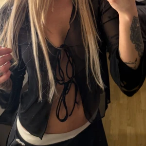 Svart transparent knytblus - Säljer en svart transparent blus med knytning framtill. Blusen har långa ärmar och är tillverkad i ett tunt, syntetiskt material. Perfekt för en trendig och edgy look.