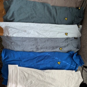 Flera t-shirts från Lyle & Scott i olika färger - Säljer flera t-shirts från Lyle & Scott med klassisk gul logga på bröstet. Finns i färgerna grå, blå, ljusblå, vit och beige. Alla har rund hals och korta ärmar, perfekt för en avslappnad stil. Alla säljs för 1400 då de är som nya. Använda 1-3 gånger och tvättade. Styckpris är 200kr.
