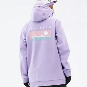 Ljuslila vindjacka från Dope Snow - Säljer en ljuslila vindjacka från Dope Snow med huva och tryck på ryggen i pastellfärger. Jackan har elastiska muddar och en avslappnad passform, perfekt för kalla dagar i backen. Snygg grafik med berg och sol på baksidan.
