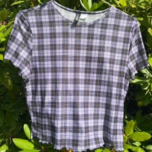 Rutig mesh-topp - Säljer en kortärmad, rutig mesh topp svart och lila med gulligaste lettuce hem-detaljerna.