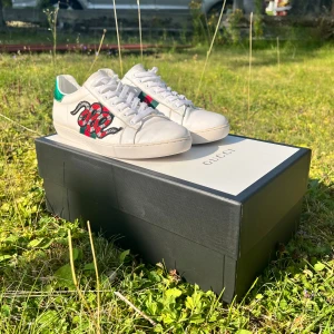 Gucci ace - Gucci Ace sneakers i vitt skinn med broderad röd och svart orm på sidan, klassiska gröna och röda ränder samt metallic grön och röd häl. Platt sula med unikt mönster undertill och snörning framtill. Perfekt för dig som vill sticka ut med lyxig streetstyle.