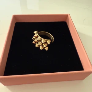 Guldfärgad ring med nitar - Cool ring i guldfärg med flera små pyramidformade nitar på ovansidan. Ringen har en bred design och ger ett edgy intryck, perfekt för att sticka ut. Kommer i en fin ask. Tappat lite färg på ”kanterna” som man ser. 