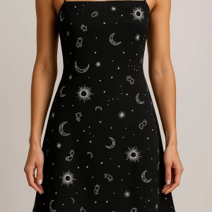 Svart klänning med stjärn- och måntryck från H&M - Supersnygg svart långklänning från H&M med tunna axelband och ett unikt mönster av månar, stjärnor och solar i vitt. Klänningen har en rak passform och är perfekt för dig som gillar en stilren look med en twist.