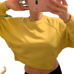Gul croppad sweatshirt från Lumina - Säljer en fräsch gul croppad sweatshirt från Lumina. Tröjan har rund halsringning, långa ärmar och en avslappnad passform. Perfekt för en chill och trendig look. Supermjuk och skön att bära.