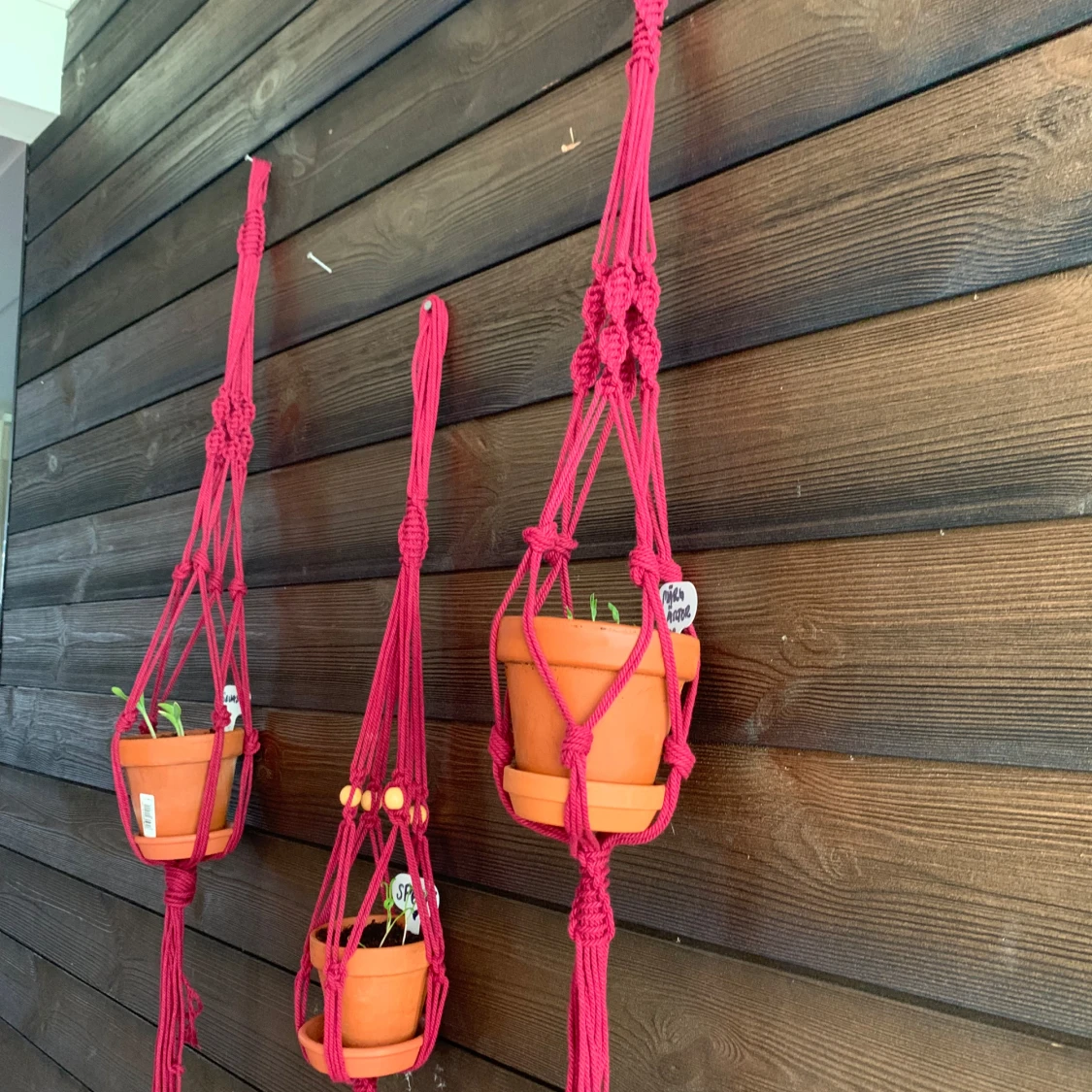 Röda makramé amplar/ växthängare tre stycken . 
