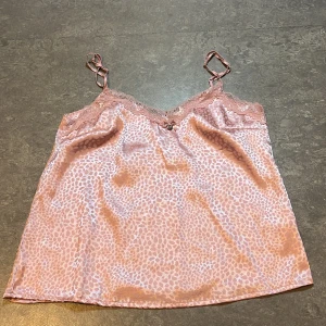 Rosa satinlinne med spets från Censored - Säljer ett ljusrosa linnetopp i satin från Censored med tunna axelband och spetsdetaljer vid urringningen. Tyget har ett subtilt mönster och linnet är mjukt och glansigt. Perfekt för en trendig och feminin look!