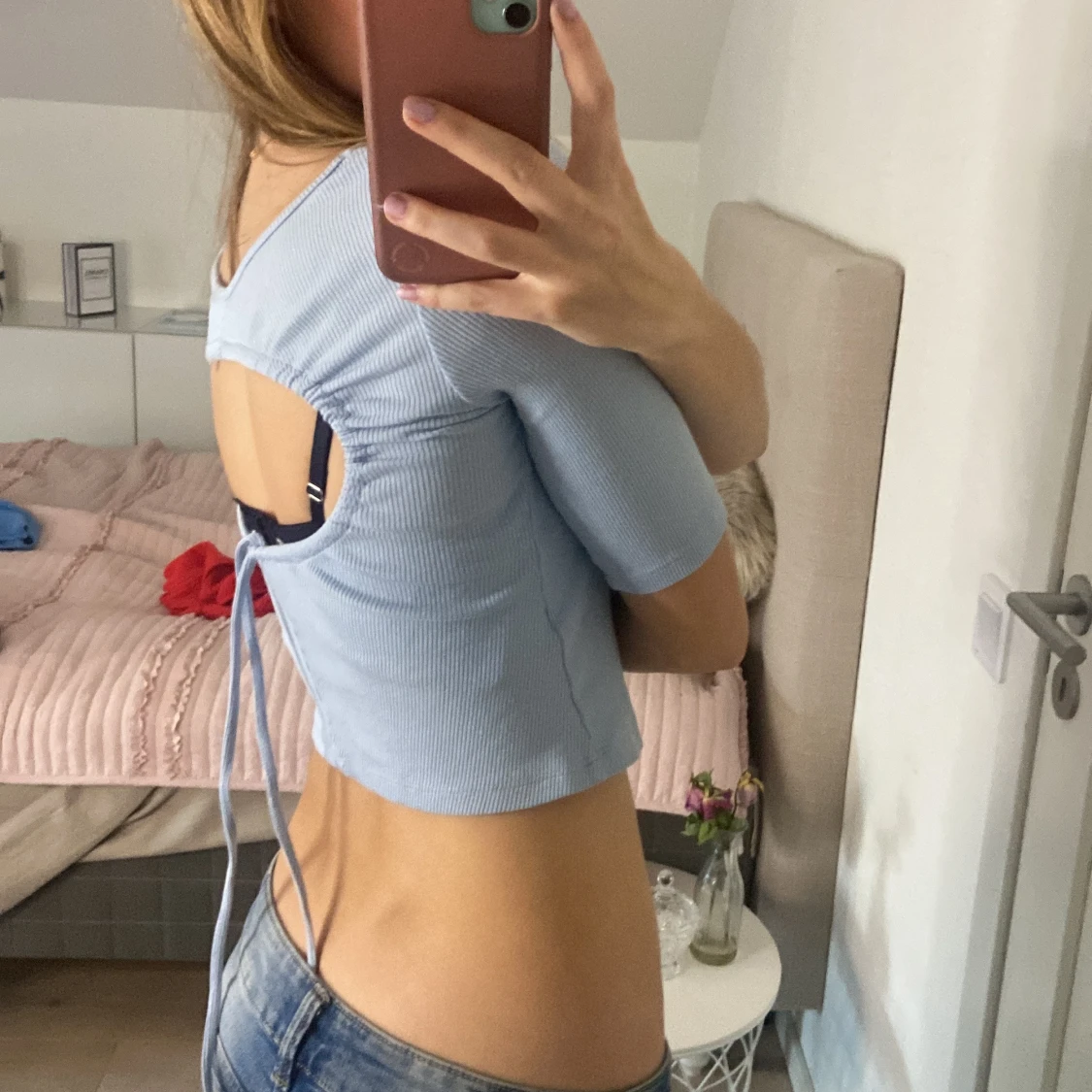 Ljusblå ribbad croppad topp - 1