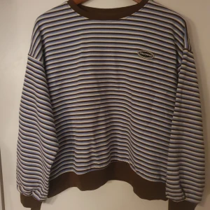 Randig tröja från Progress - Säljer en randig tröja från Progress i brunt, blått och vitt. Tröjan har långa ärmar och en normal passform med ribbade muddar vid ärmslut och nederkant. 