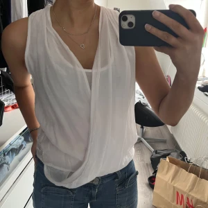 Vit ärmlös omlottopp blus - Säljer en stilren vit ärmlös omlottopp med spetsdetaljer på baksidan. Perfekt för varma dagar och kan enkelt matchas med jeans eller kjol. Toppen har en luftig passform och ett elegant fall framtill.