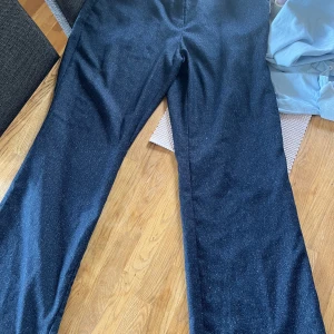 Blåa byxor från Ann Taylor - Snygga blåa byxor från Ann Taylor med en subtil glittrig effekt. Byxorna har en klassisk passform med dragkedja och knappar framtill. Perfekta för en elegant look.