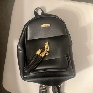 Svart ryggsäck med tofsdetalj - Snygg svart ryggsäck i syntetmaterial med en elegant tofsdetalj framtill. Väskan har en praktisk dragkedja och justerbara axelremmar för bekväm passform. Perfekt för både vardag och utflykter.