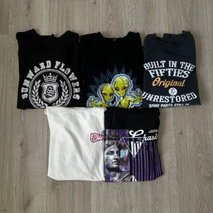 Svart t-shirt med grafiskt tryck - 5 t shirtar med olika tryck i blandade storlekar från M-L