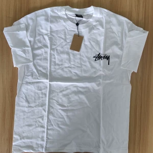 Vit t-shirt från Stüssy med tryck - Säljer en vit t-shirt från Stüssy med svart logga på bröstet och stort tryck av två rosa tärningar på ryggen. Klassisk passform och rund hals. Perfekt för dig som gillar streetwear och vill sticka ut med en snygg detalj.