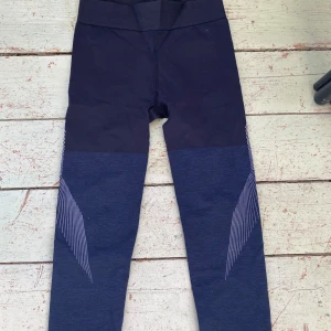 Mörkblå träningsleggings från H&M - Snygga mörkblå träningsleggings från H&M med hög midja och coola mönsterdetaljer på benen. Perfekta för gymmet eller löprundan. Tillverkade i ett stretchigt material för bästa komfort.