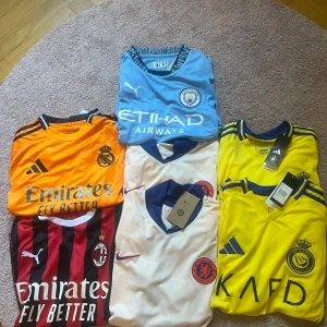 Flera fotbollströjor från toppklubbar - Säljer sex olika fotbollströjor från Manchester City, Real Madrid, AC Milan, Chelsea och Al Nassr. Tröjorna är i olika färger som ljusblå, gul, orange, vit och rödsvart. Märkena är Puma, Adidas och Nike. Perfekt för dig som älskar fotboll och vill ha snygga matchtröjor. Jag kan sälja dem styckvis eller i flera ! 200-300kr st beroende på tröja! Skriv gärna vid intresse, alla är i storlek S