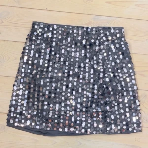 Glittrig paljettkjol från Lindex - Säljer en kort glittrig kjol från Lindex täckt med silvriga paljetter. Kjolen har en rak passform och dragkedja bak. Säljer då den är lite för stor, inga defekter💞